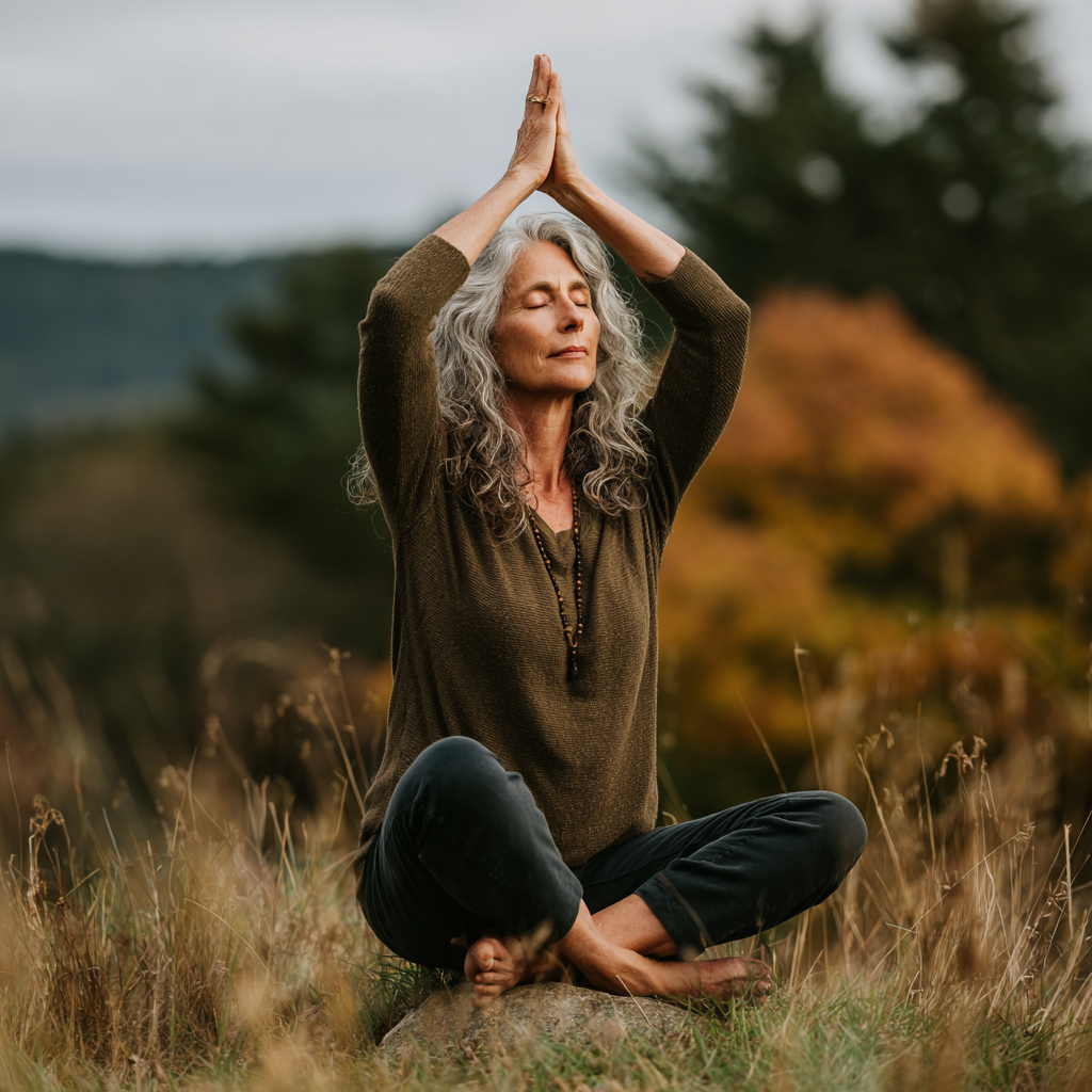 Mature adult practicing yoga pose in serene natural environment