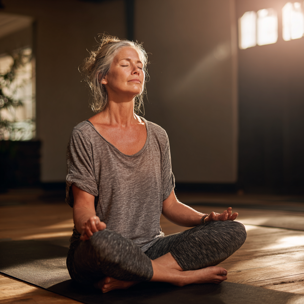 Middle-aged woman practicing meditation in peaceful yoga studio